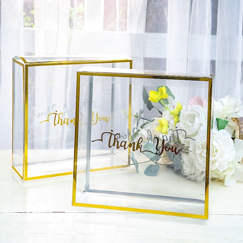 25 Gold and Clear 8x8 in PVC Favor Boxes with Rope Handles and Thank You Print