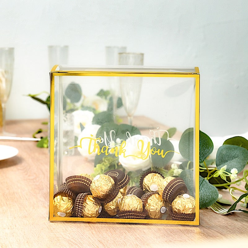 25 Gold and Clear 8x8 in PVC Favor Boxes with Rope Handles and Thank You Print