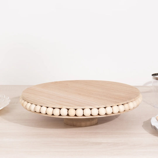 12 in Natural Round Rustic Wooden Pedestal Cake Stand with Beaded Edge