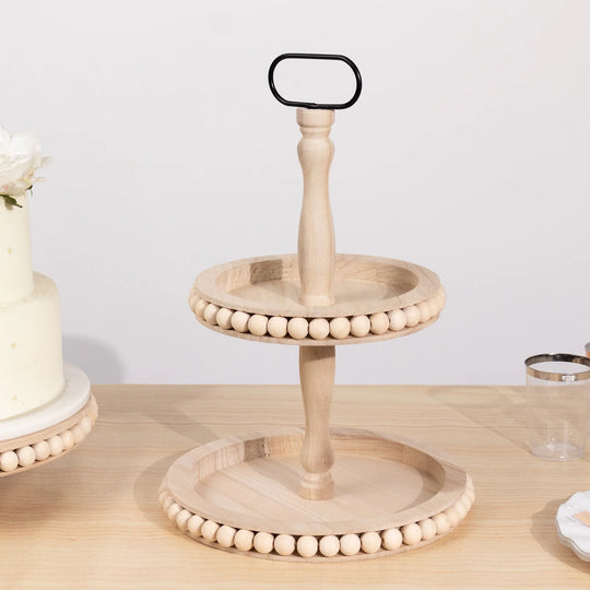 2-Tier Natural 17 in Beaded Wooden Serving Tray Stand With Metal Handle