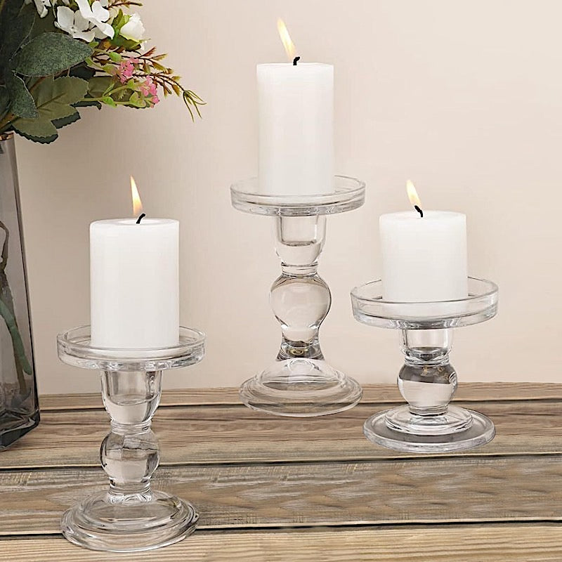 3 Premium Glass Pillar Tea Light Holders Candle Holders with Round Tray