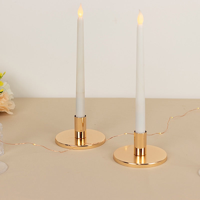 2 Gold Round Metal Taper Candle Holders