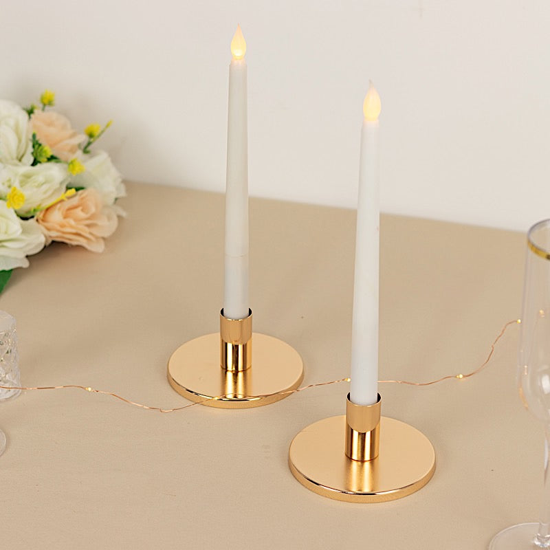 2 Gold Round Metal Taper Candle Holders