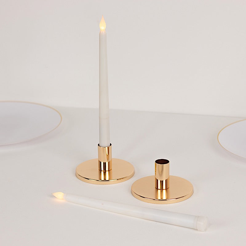 2 Gold Round Metal Taper Candle Holders