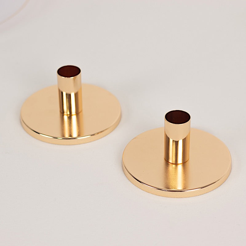 2 Gold Round Metal Taper Candle Holders