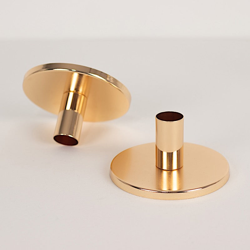 2 Gold Round Metal Taper Candle Holders