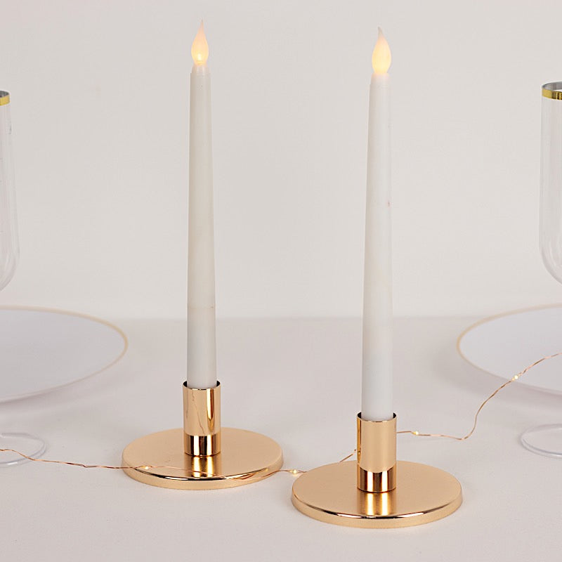 2 Gold Round Metal Taper Candle Holders