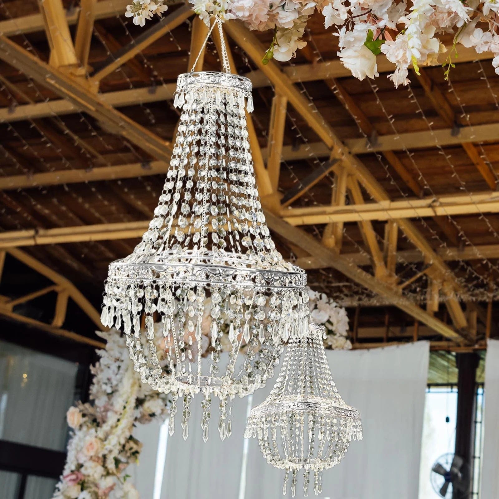 Clear Beaded Crystal Chandelier with Ornate Metal Frame