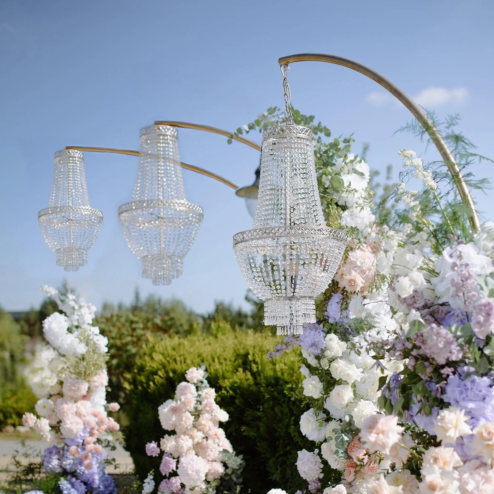 Clear Beaded Crystal Chandelier with Ornate Metal Frame