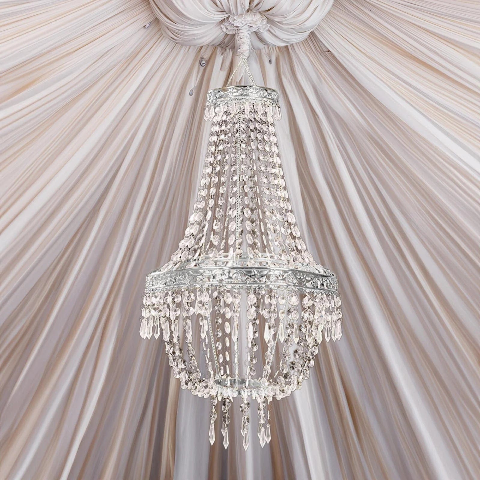 Clear Beaded Crystal Chandelier with Ornate Metal Frame