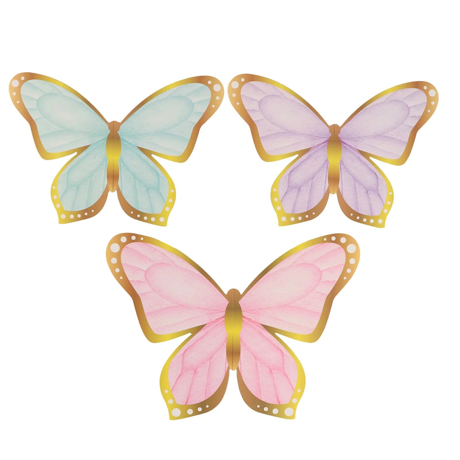 12 Pastel Color 3D Butterfly Table Centerpieces with Metallic Gold Foil Accents