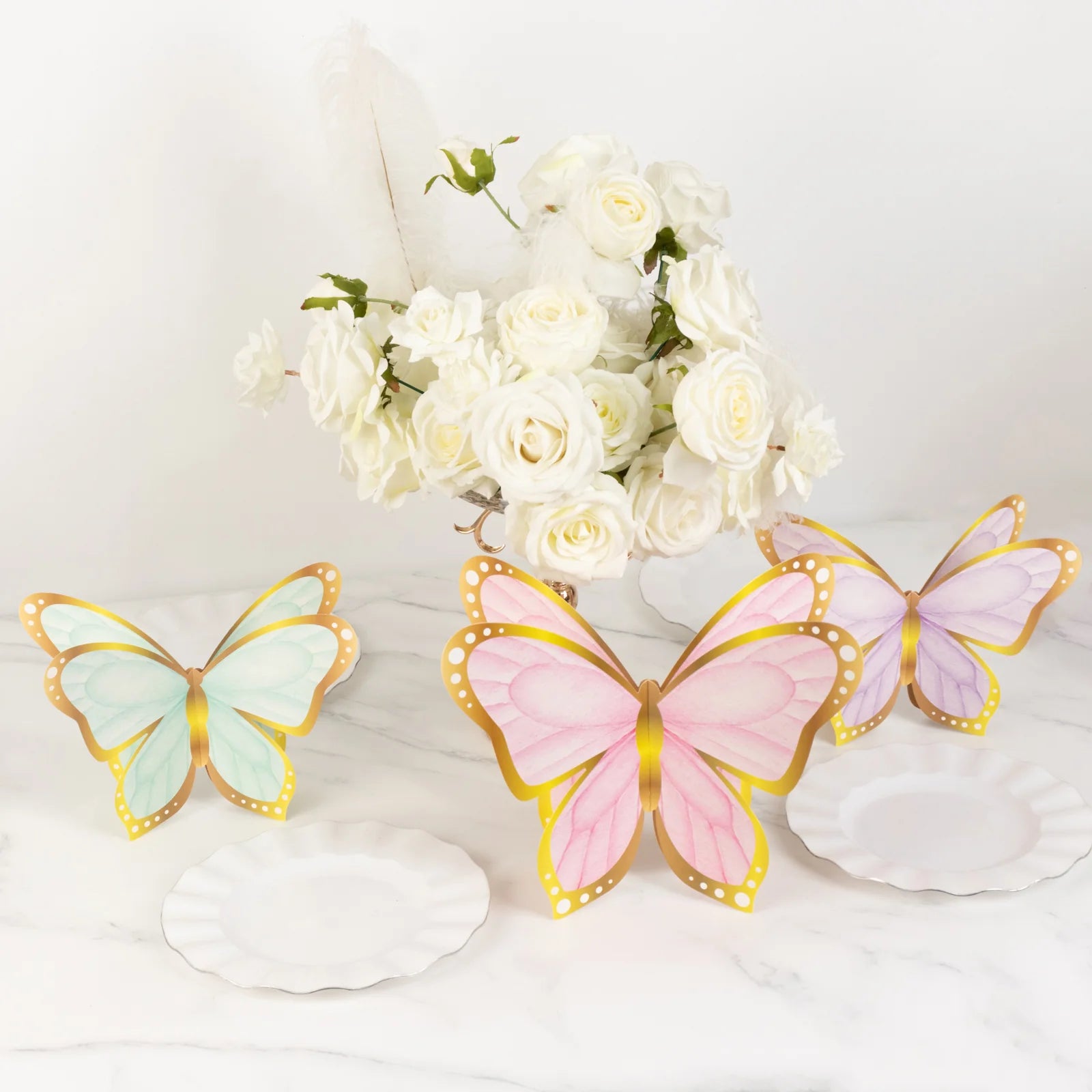 12 Pastel Color 3D Butterfly Table Centerpieces with Metallic Gold Foil Accents