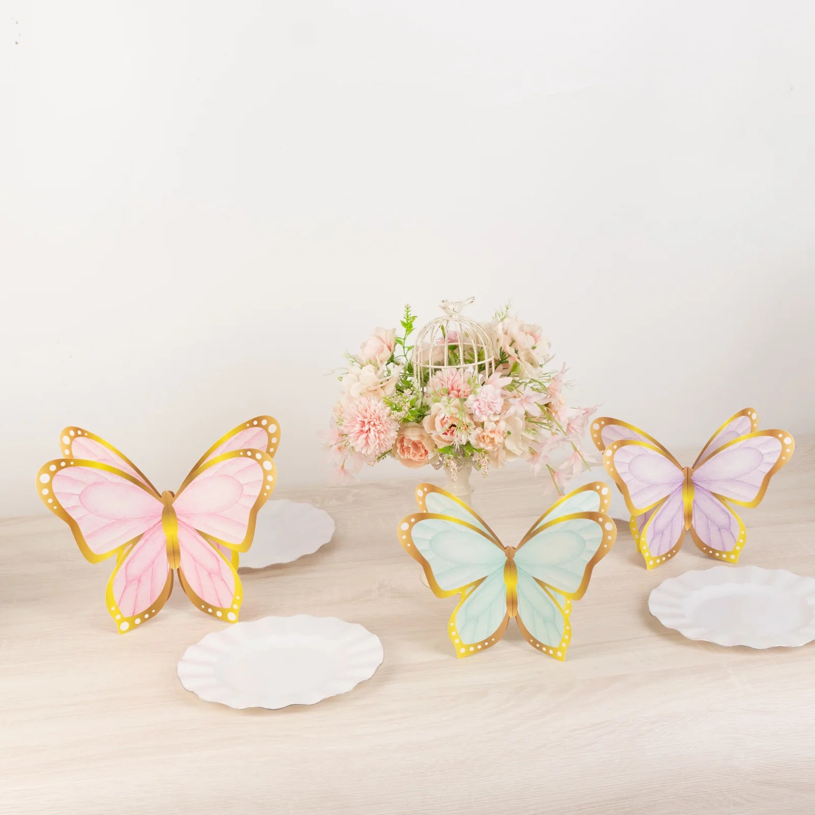 12 Pastel Color 3D Butterfly Table Centerpieces with Metallic Gold Foil Accents