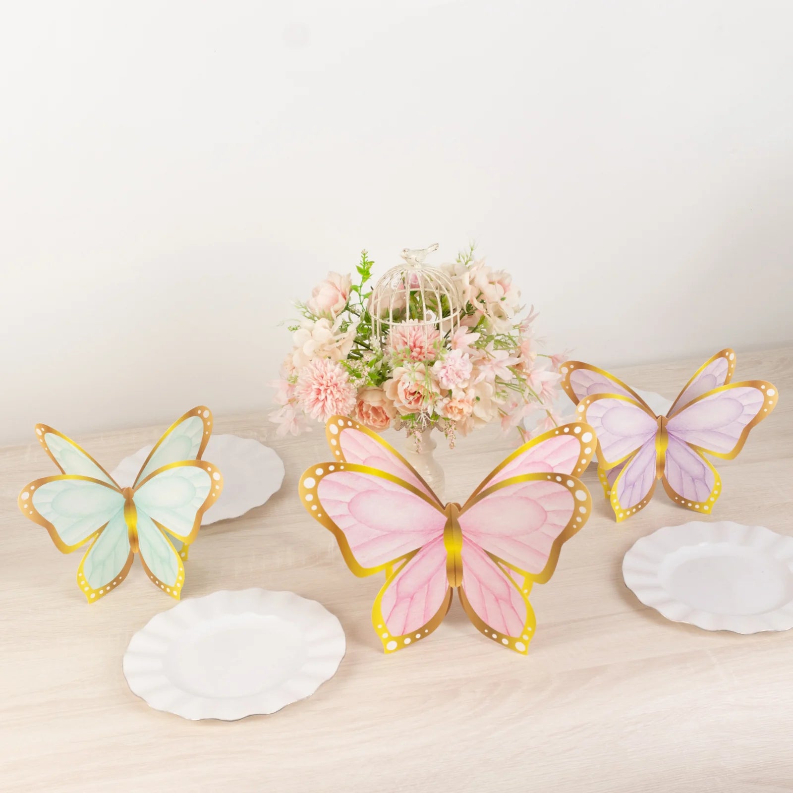 12 Pastel Color 3D Butterfly Table Centerpieces with Metallic Gold Foil Accents