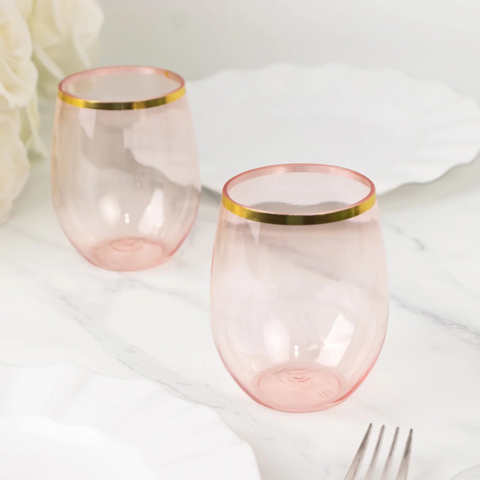 12 Gold Rim 14 oz Disposable Plastic Stemless Wine Glasses