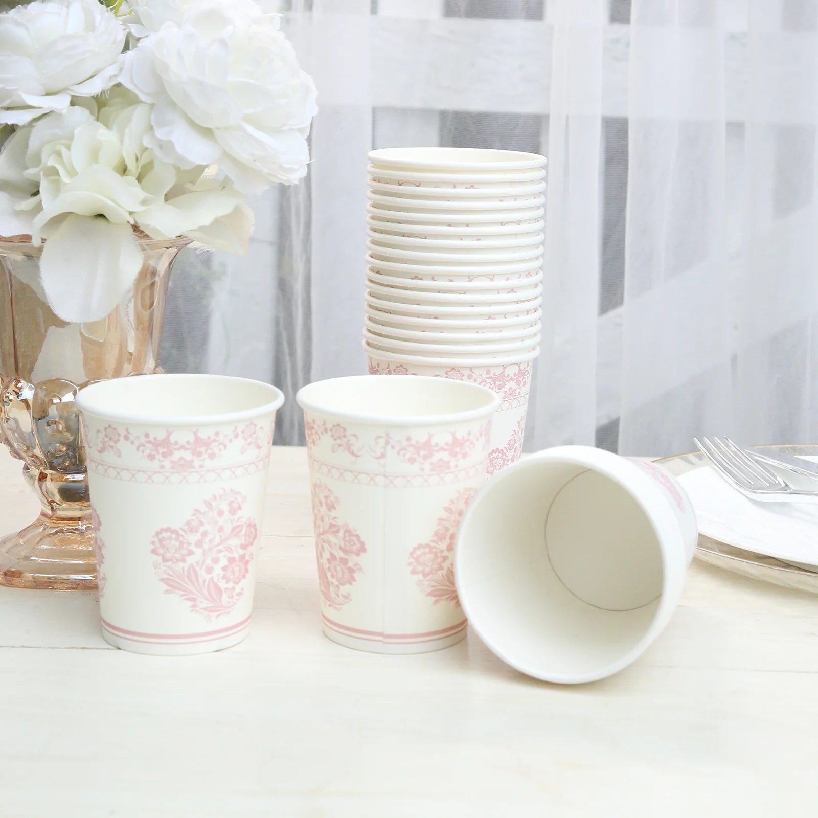 24 White and pink Round French Toile Floral Paper Cups