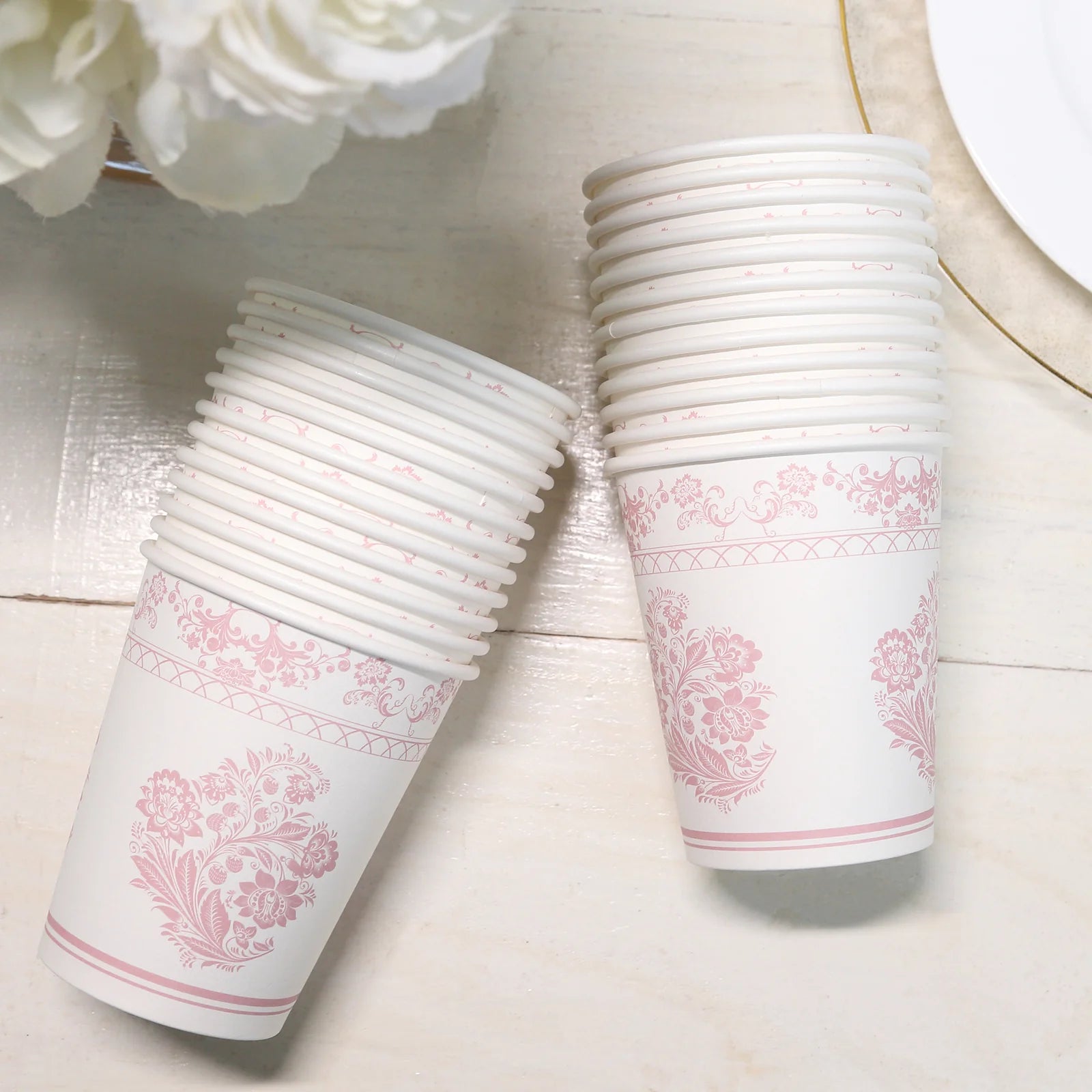 24 White and pink Round French Toile Floral Paper Cups