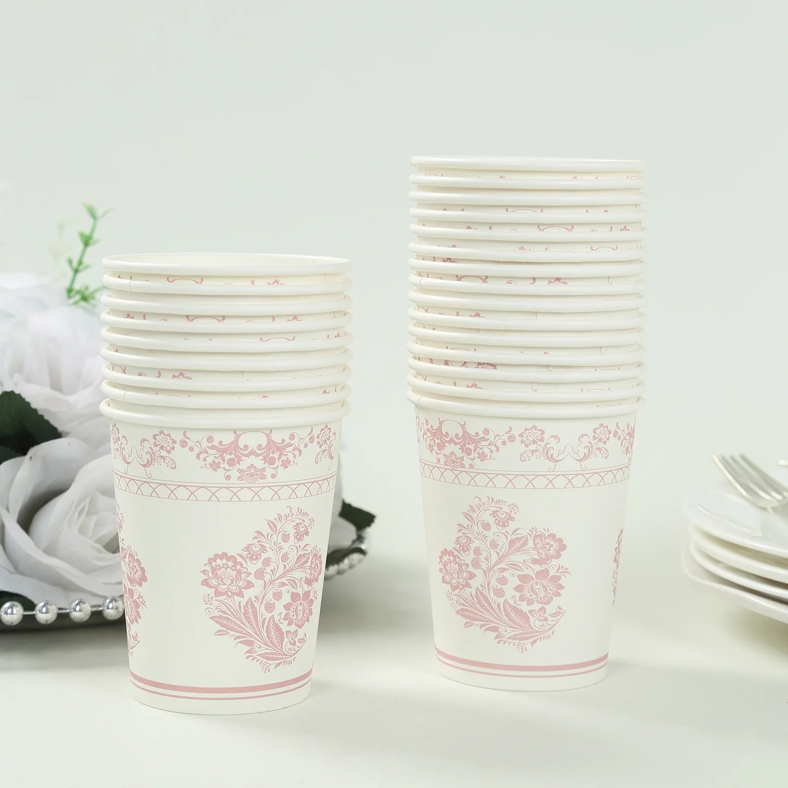 24 White and pink Round French Toile Floral Paper Cups