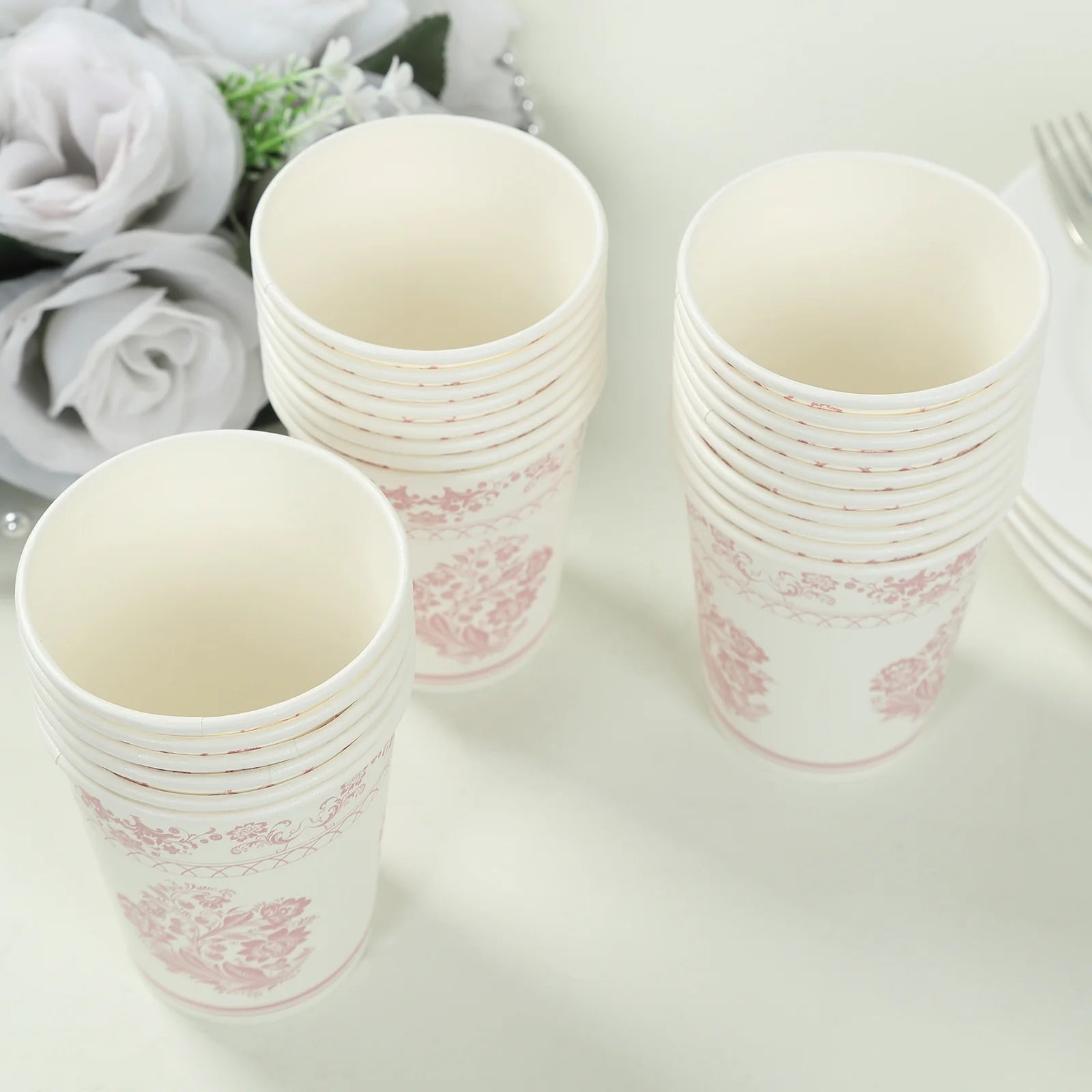 24 White and pink Round French Toile Floral Paper Cups