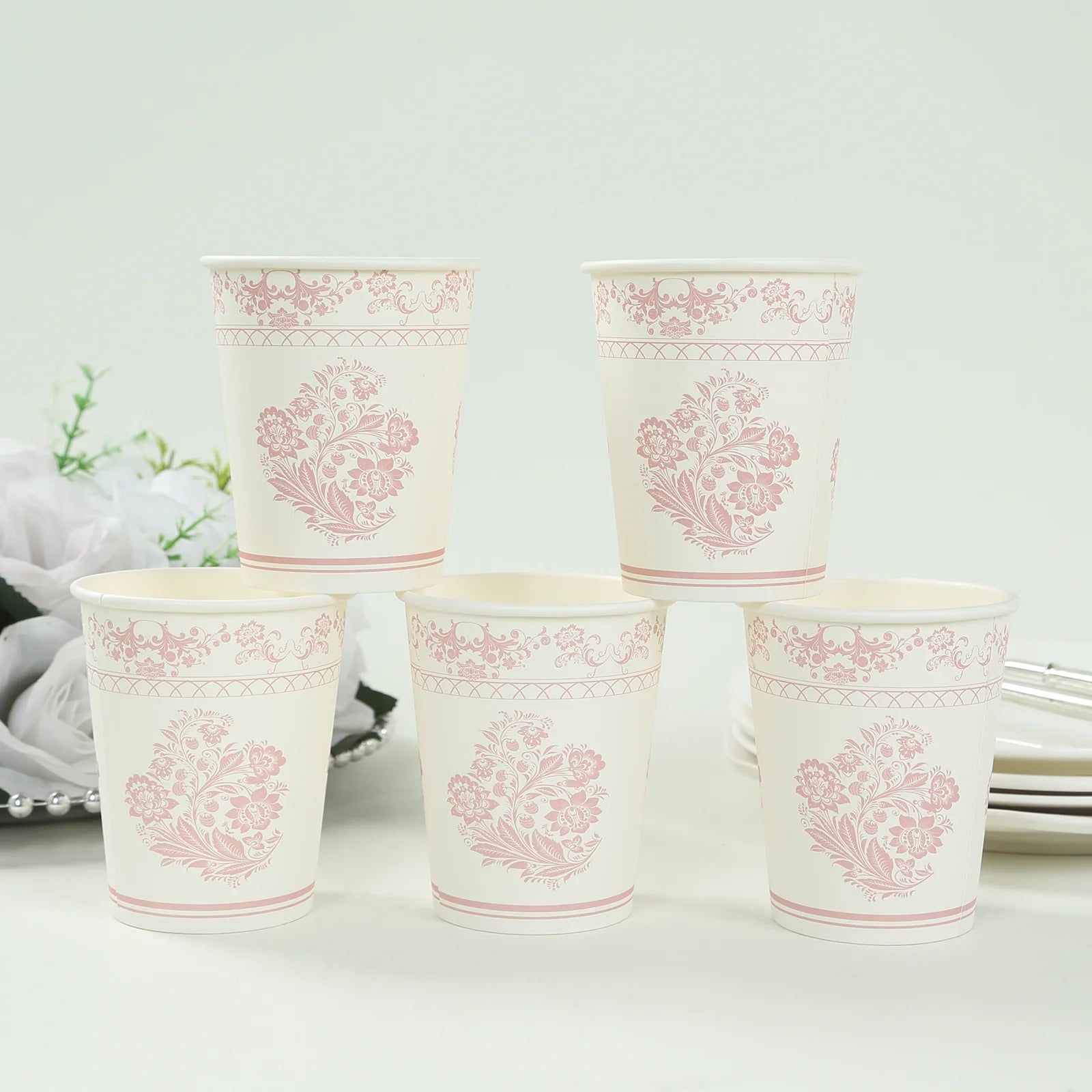 24 White and pink Round French Toile Floral Paper Cups