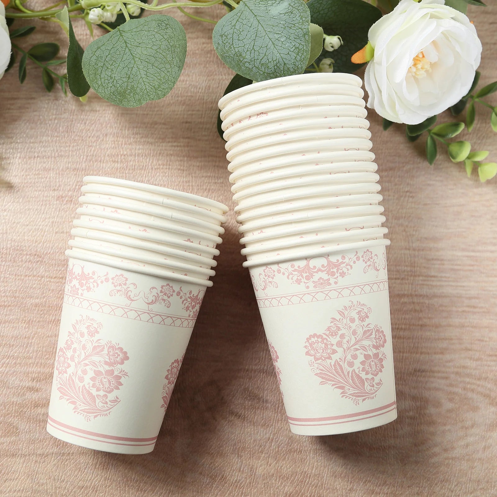 24 White and pink Round French Toile Floral Paper Cups