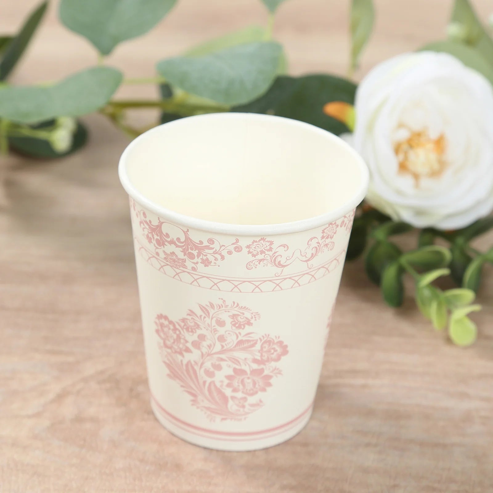 24 White and pink Round French Toile Floral Paper Cups