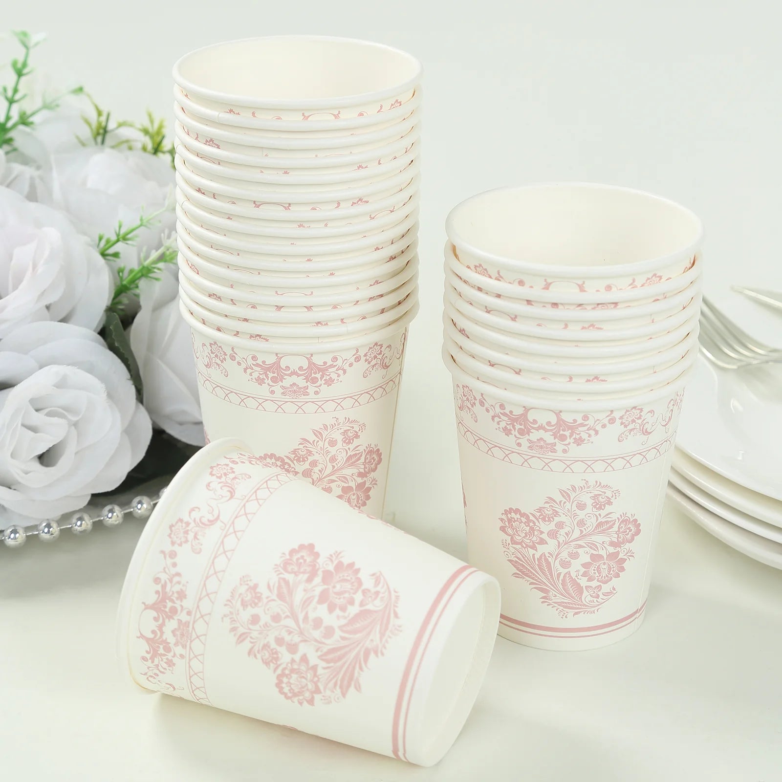 24 White and pink Round French Toile Floral Paper Cups