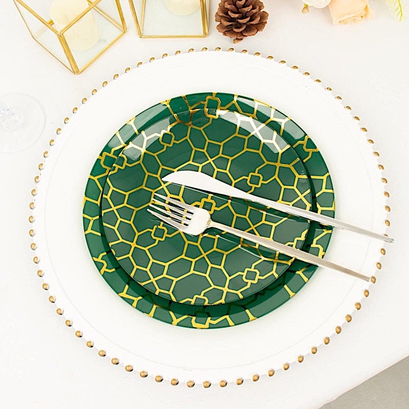 20 Round Disposable Salad and Dinner Plastic Plates with Gold Geometric Design