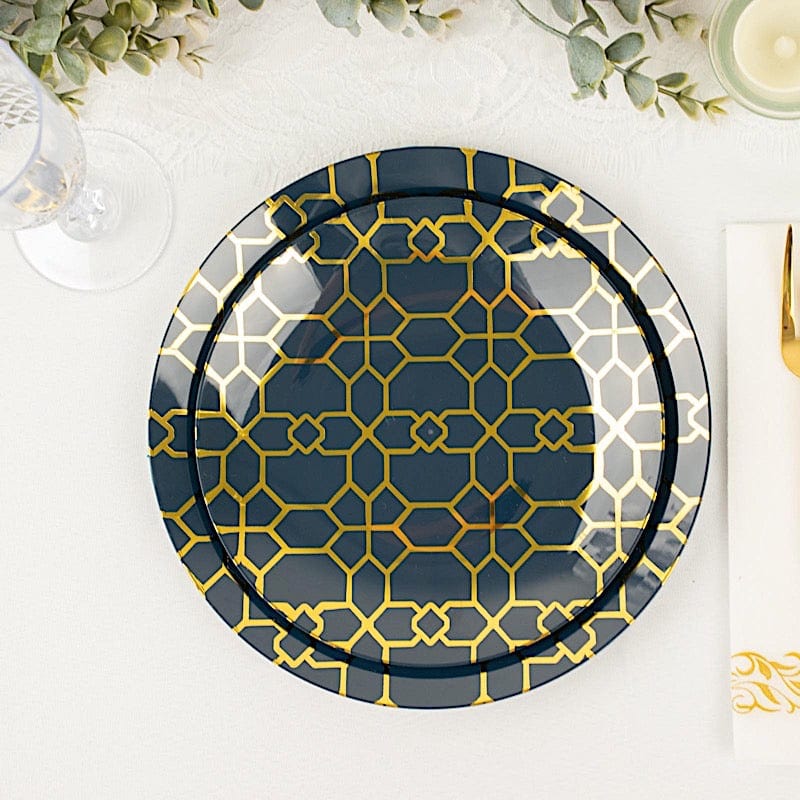 20 Round Disposable Salad and Dinner Plastic Plates with Gold Geometric Design