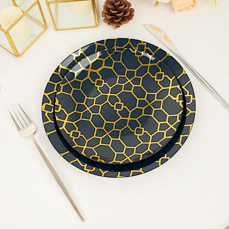 20 Round Disposable Salad and Dinner Plastic Plates with Gold Geometric Design