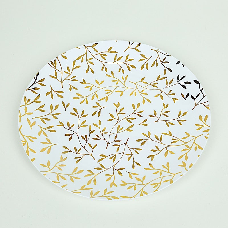 10 White Round Plastic Salad Dinner Plates with Gold Leaf Design