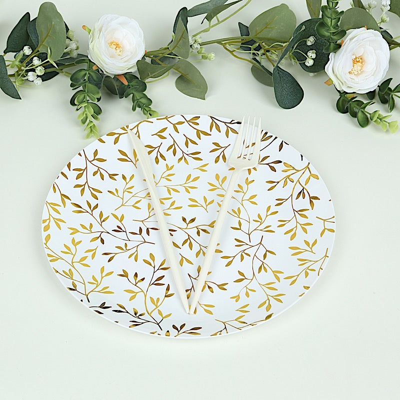 10 White Round Plastic Salad Dinner Plates with Gold Leaf Design