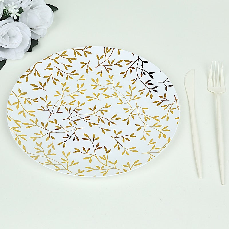 10 White Round Plastic Salad Dinner Plates with Gold Leaf Design