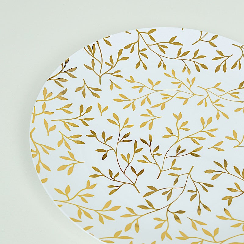 10 White Round Plastic Salad Dinner Plates with Gold Leaf Design