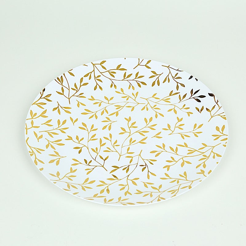 10 White Round Plastic Salad Dinner Plates with Gold Leaf Design