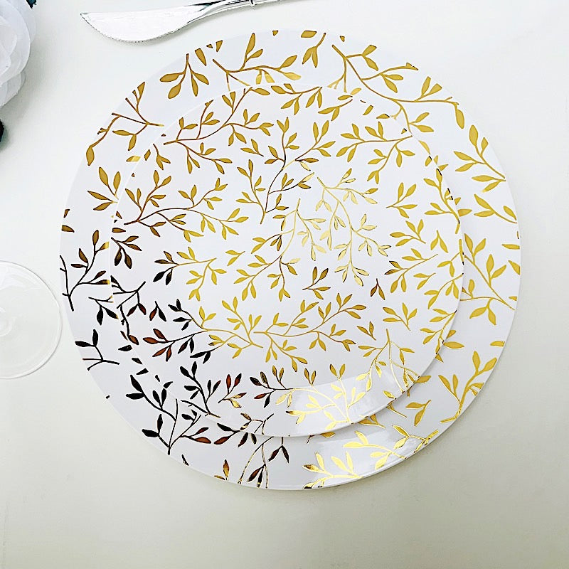 10 White Round Plastic Salad Dinner Plates with Gold Leaf Design