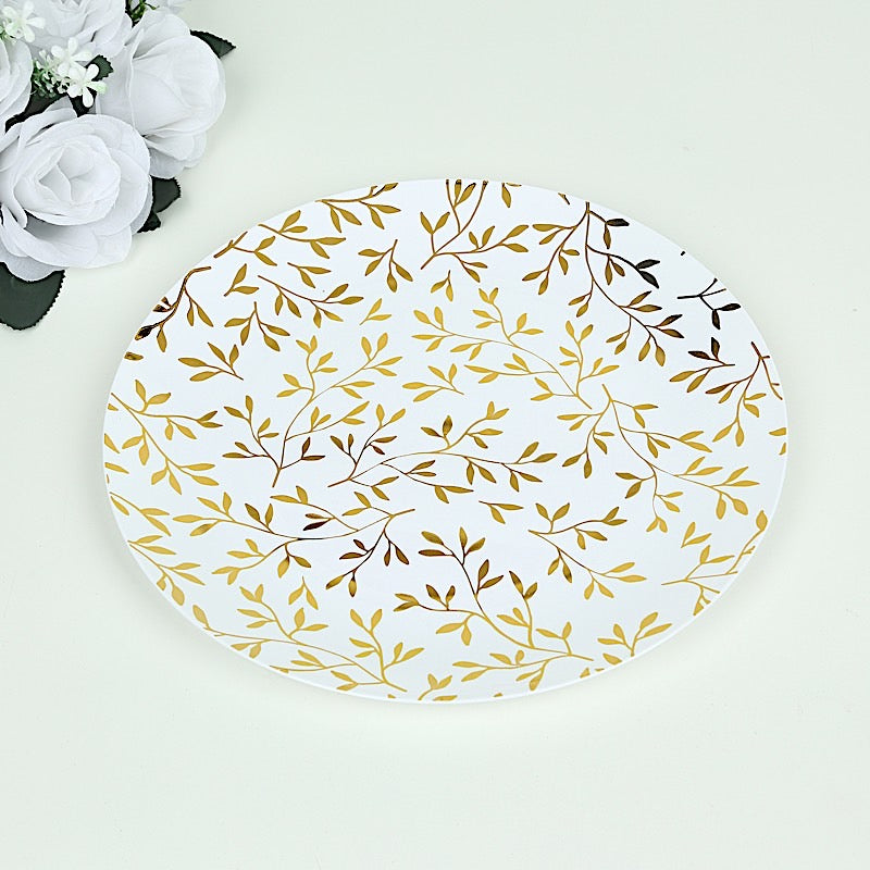 10 White Round Plastic Salad Dinner Plates with Gold Leaf Design