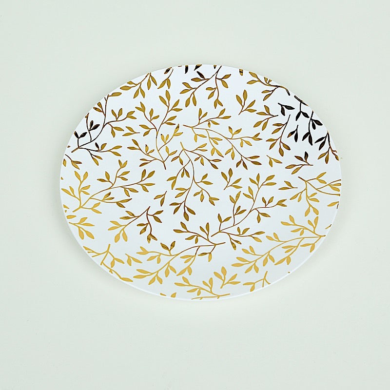 10 White Round Plastic Salad Dinner Plates with Gold Leaf Design