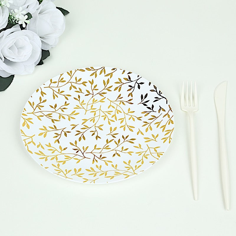 10 White Round Plastic Salad Dinner Plates with Gold Leaf Design