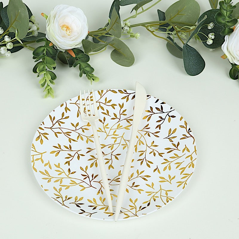 10 White Round Plastic Salad Dinner Plates with Gold Leaf Design