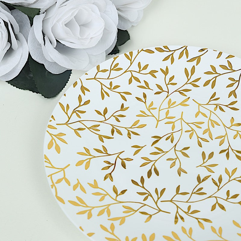 10 White Round Plastic Salad Dinner Plates with Gold Leaf Design