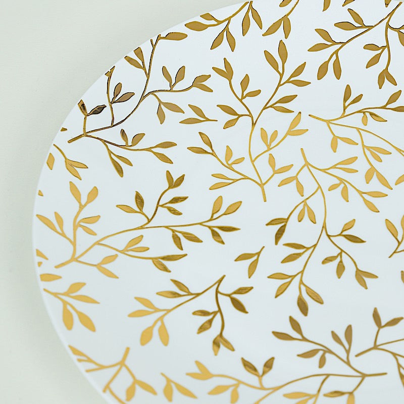 10 White Round Plastic Salad Dinner Plates with Gold Leaf Design