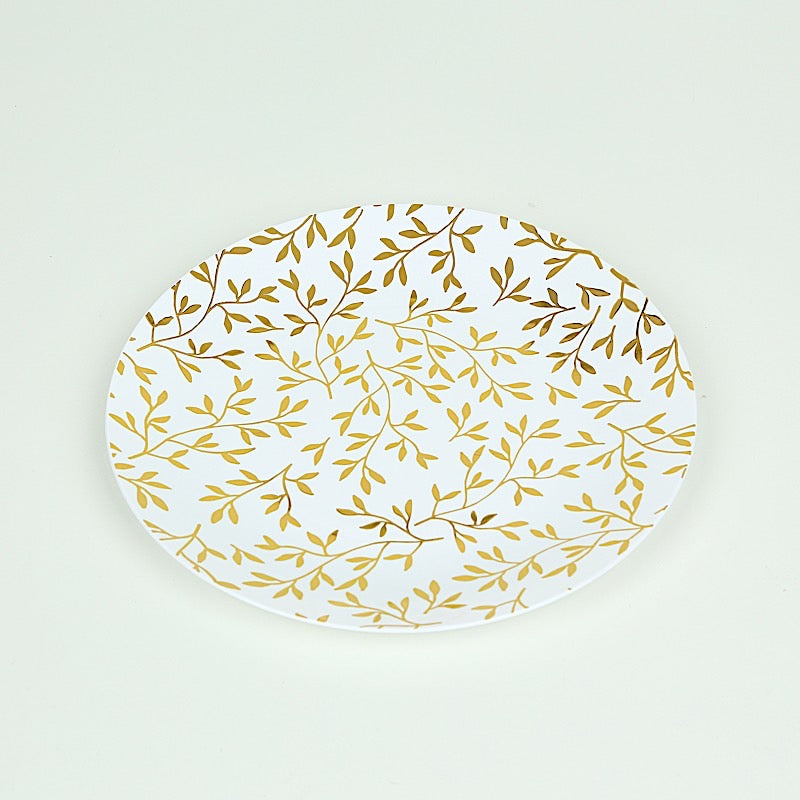 10 White Round Plastic Salad Dinner Plates with Gold Leaf Design