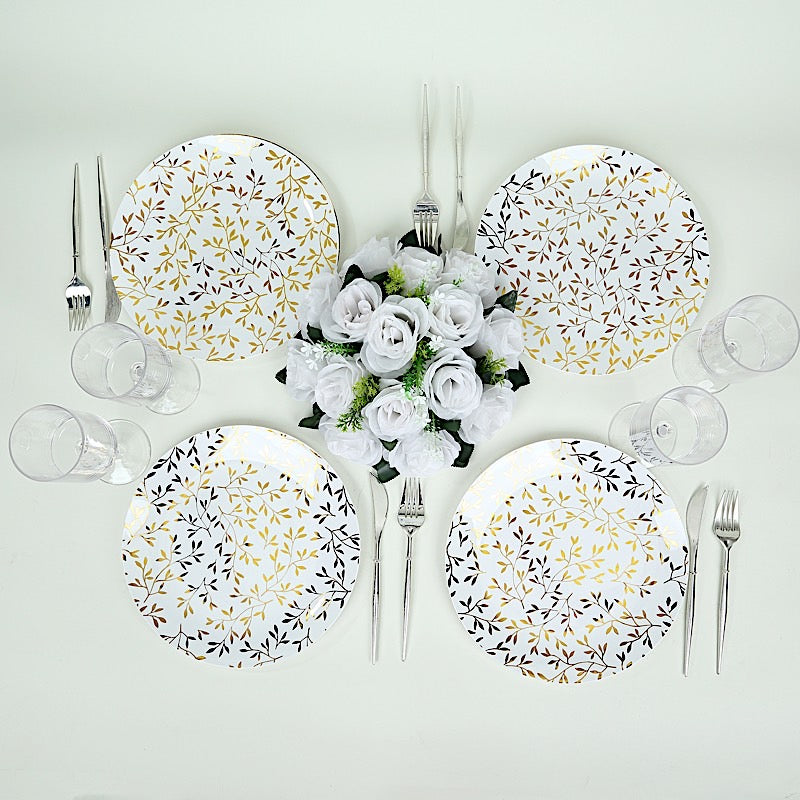 10 White Round Plastic Salad Dinner Plates with Gold Leaf Design