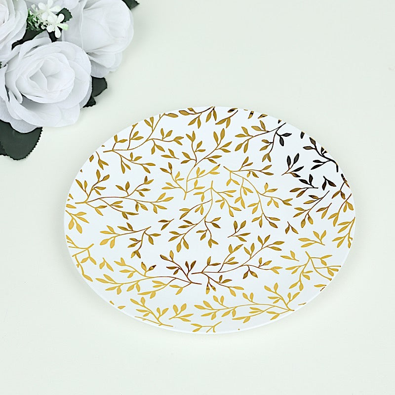 10 White Round Plastic Salad Dinner Plates with Gold Leaf Design