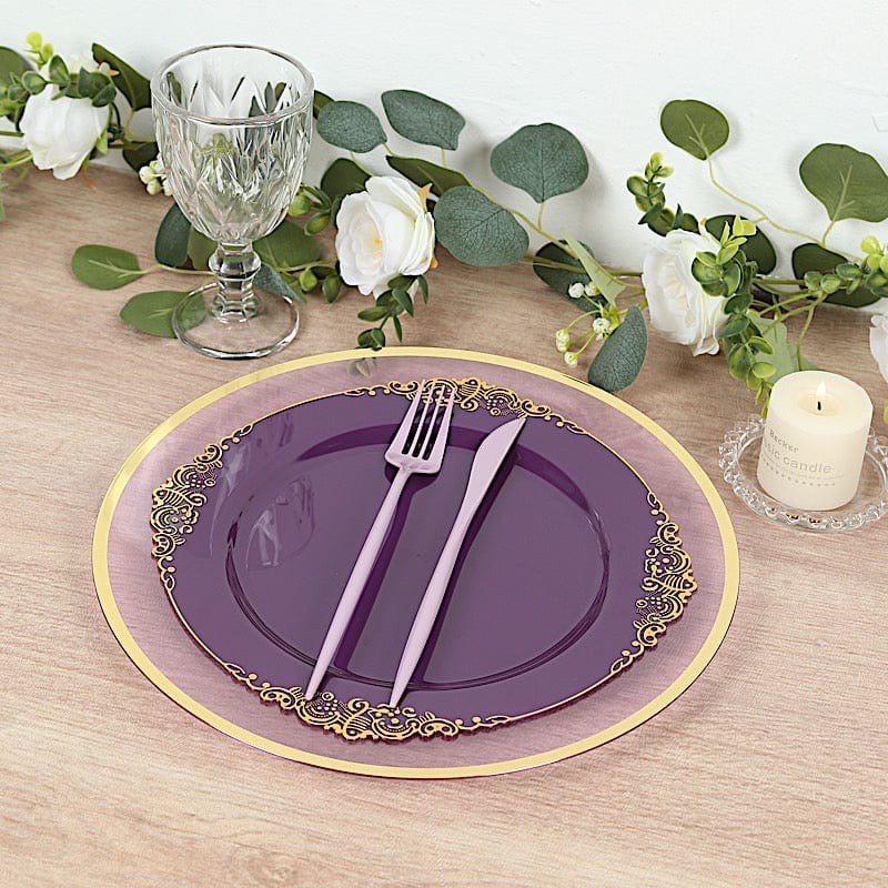 10 Round Disposable Plastic Salad Dinner Plates with Embossed Baroque Trim