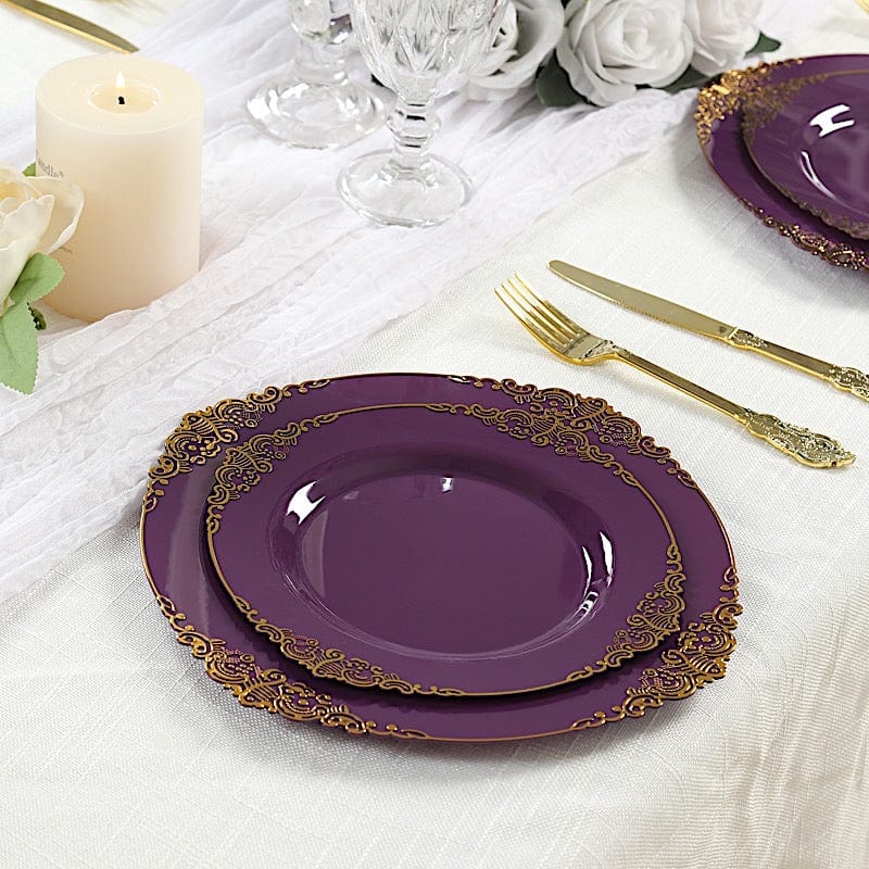10 Round Disposable Plastic Salad Dinner Plates with Embossed Baroque Trim