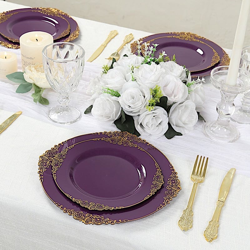 10 Round Disposable Plastic Salad Dinner Plates with Embossed Baroque Trim