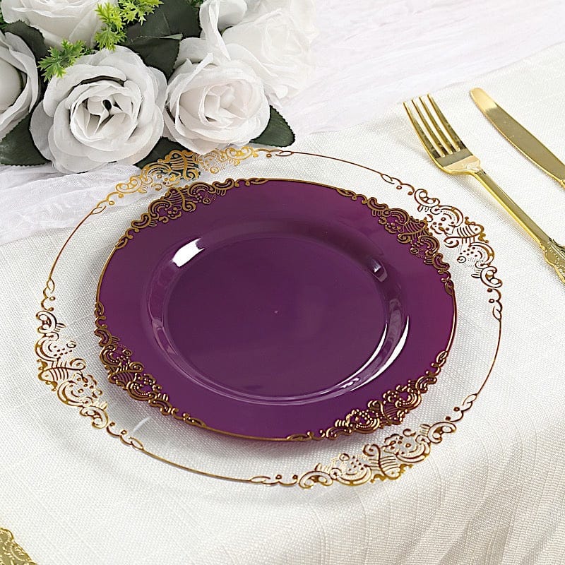 10 Round Disposable Plastic Salad Dinner Plates with Embossed Baroque Trim