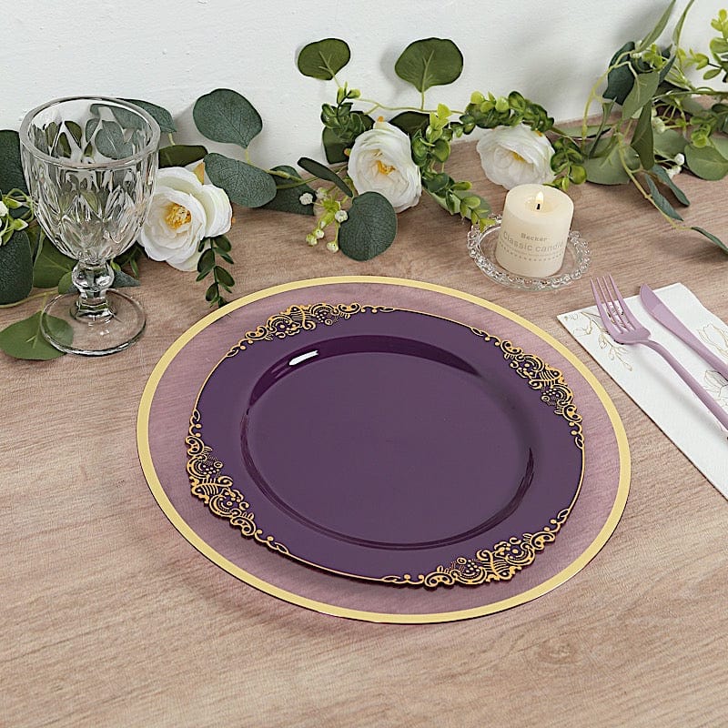 10 Round Disposable Plastic Salad Dinner Plates with Embossed Baroque Trim